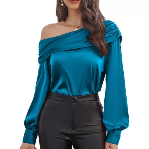 GRACE KARIN Women Satin Blouses 2024 Long Sleeve Off The Shoulder Blouse Elegant Evening Party TopsPeacock Blue