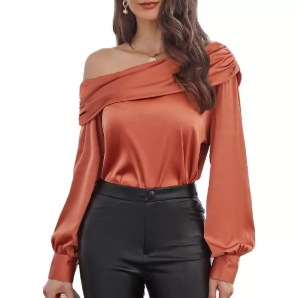 GRACE KARIN Women Satin Blouses 2024 Long Sleeve Off The Shoulder Blouse Elegant Evening Party TopsRust