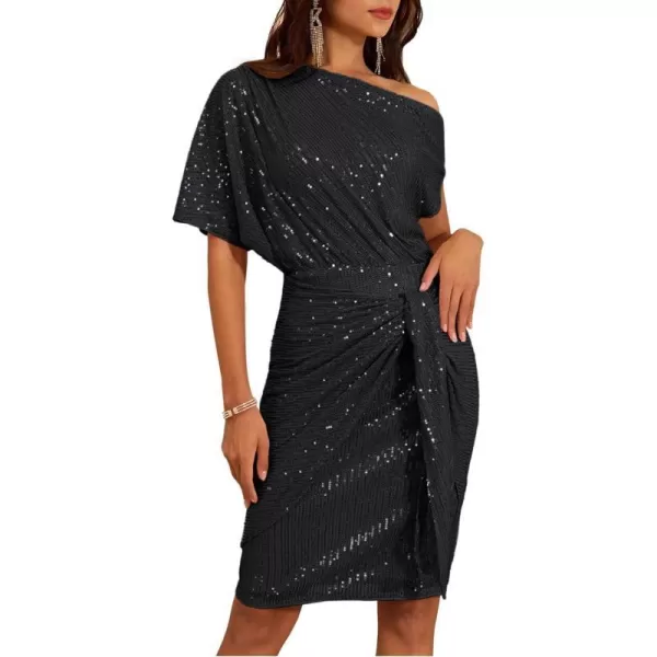 GRACE KARIN Womens Sequin Sparkly Glitter Party Club Dress One Shoulder Ruched Cocktail Bodycon DressBlack