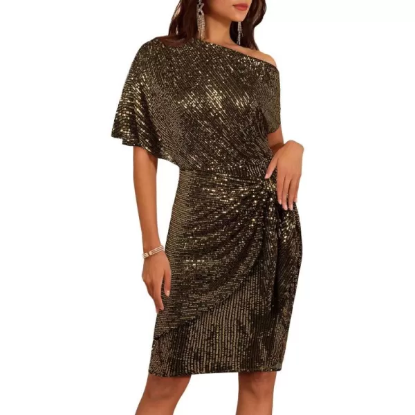 GRACE KARIN Womens Sequin Sparkly Glitter Party Club Dress One Shoulder Ruched Cocktail Bodycon DressBlack Gold