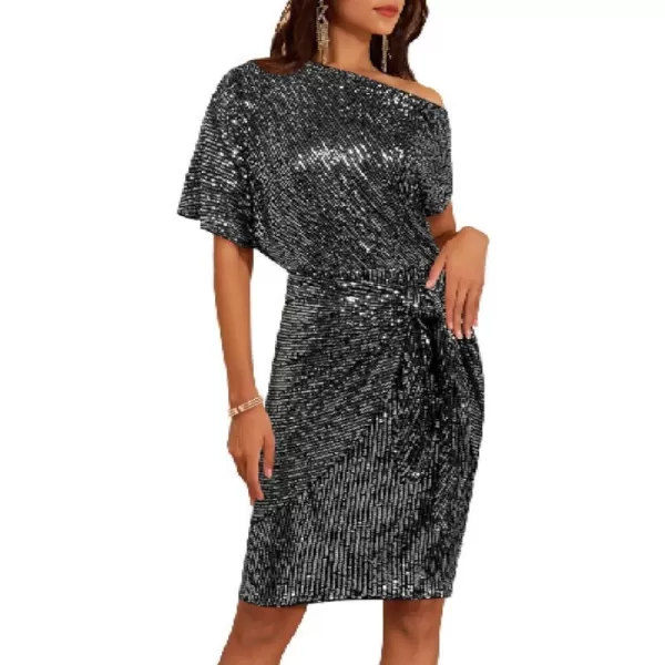 GRACE KARIN Womens Sequin Sparkly Glitter Party Club Dress One Shoulder Ruched Cocktail Bodycon DressBlack Sliver