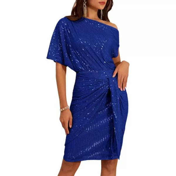 GRACE KARIN Womens Sequin Sparkly Glitter Party Club Dress One Shoulder Ruched Cocktail Bodycon DressBlue