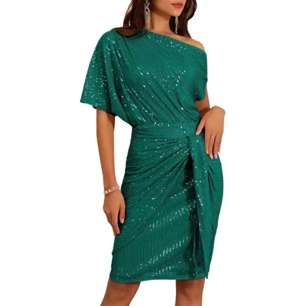 GRACE KARIN Womens Sequin Sparkly Glitter Party Club Dress One Shoulder Ruched Cocktail Bodycon DressBlue Green