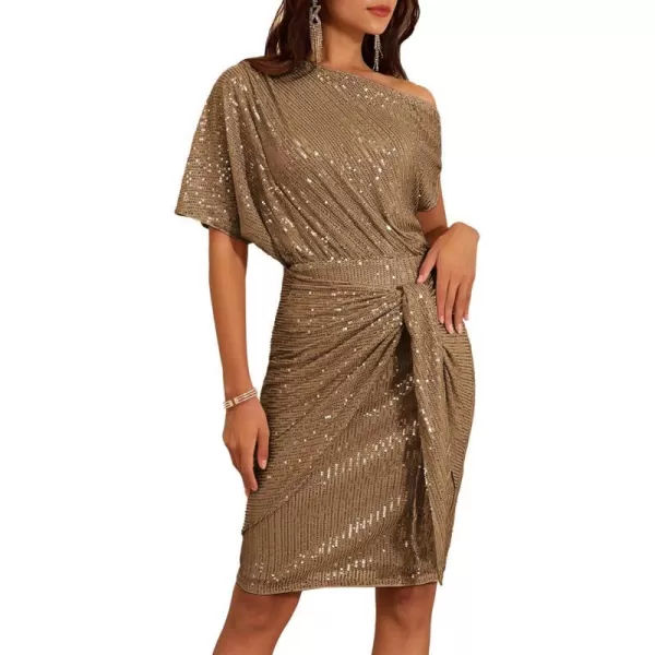 GRACE KARIN Womens Sequin Sparkly Glitter Party Club Dress One Shoulder Ruched Cocktail Bodycon DressCoffee