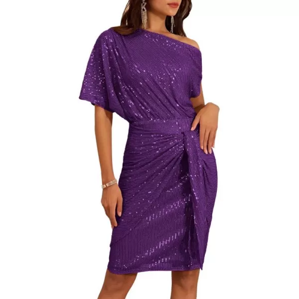 GRACE KARIN Womens Sequin Sparkly Glitter Party Club Dress One Shoulder Ruched Cocktail Bodycon DressPurple