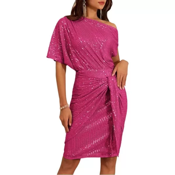 GRACE KARIN Womens Sequin Sparkly Glitter Party Club Dress One Shoulder Ruched Cocktail Bodycon DressRose Red