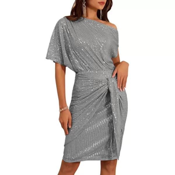 GRACE KARIN Womens Sequin Sparkly Glitter Party Club Dress One Shoulder Ruched Cocktail Bodycon DressSliver Grey