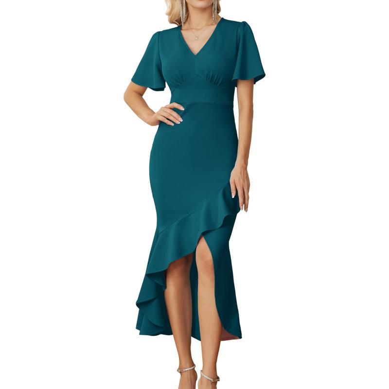 GRACE KARIN 2023 Elegant Ruffle Mermaid Formal Wedding Guest Dress Short Sleeve VNeck Cocktail Dress for Women Evening PartyPeacock Blue