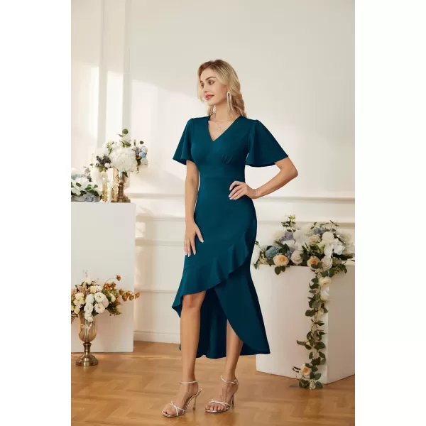 GRACE KARIN 2023 Elegant Ruffle Mermaid Formal Wedding Guest Dress Short Sleeve VNeck Cocktail Dress for Women Evening PartyBlue