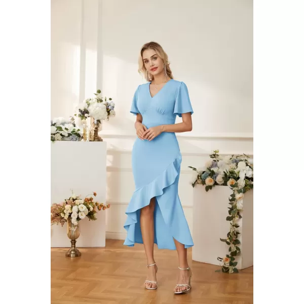 GRACE KARIN 2023 Elegant Ruffle Mermaid Formal Wedding Guest Dress Short Sleeve VNeck Cocktail Dress for Women Evening PartyLight Blue