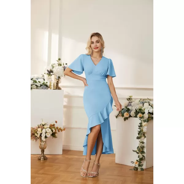 GRACE KARIN 2023 Elegant Ruffle Mermaid Formal Wedding Guest Dress Short Sleeve VNeck Cocktail Dress for Women Evening PartyLight Blue