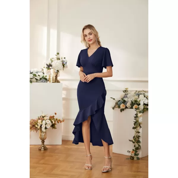 GRACE KARIN 2023 Elegant Ruffle Mermaid Formal Wedding Guest Dress Short Sleeve VNeck Cocktail Dress for Women Evening PartyNavy Blue