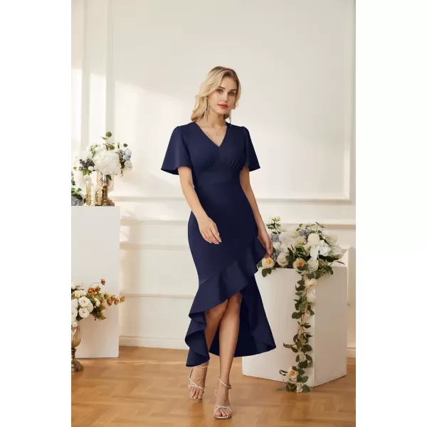 GRACE KARIN 2023 Elegant Ruffle Mermaid Formal Wedding Guest Dress Short Sleeve VNeck Cocktail Dress for Women Evening PartyNavy Blue