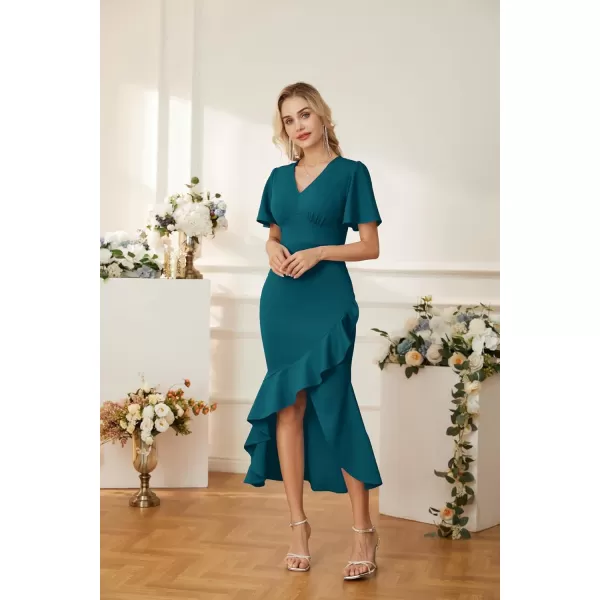 GRACE KARIN 2023 Elegant Ruffle Mermaid Formal Wedding Guest Dress Short Sleeve VNeck Cocktail Dress for Women Evening PartyPeacock Blue