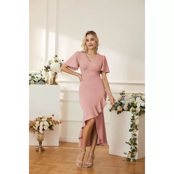 GRACE KARIN 2023 Elegant Ruffle Mermaid Formal Wedding Guest Dress Short Sleeve VNeck Cocktail Dress for Women Evening PartyPink