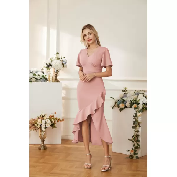 GRACE KARIN 2023 Elegant Ruffle Mermaid Formal Wedding Guest Dress Short Sleeve VNeck Cocktail Dress for Women Evening PartyPink