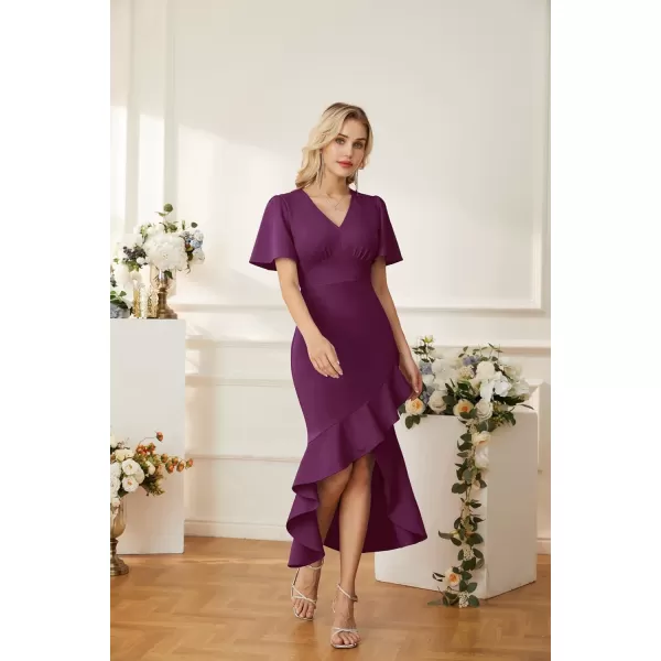 GRACE KARIN 2023 Elegant Ruffle Mermaid Formal Wedding Guest Dress Short Sleeve VNeck Cocktail Dress for Women Evening PartyPurple