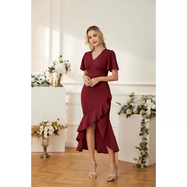 GRACE KARIN 2023 Elegant Ruffle Mermaid Formal Wedding Guest Dress Short Sleeve VNeck Cocktail Dress for Women Evening PartyWine Red