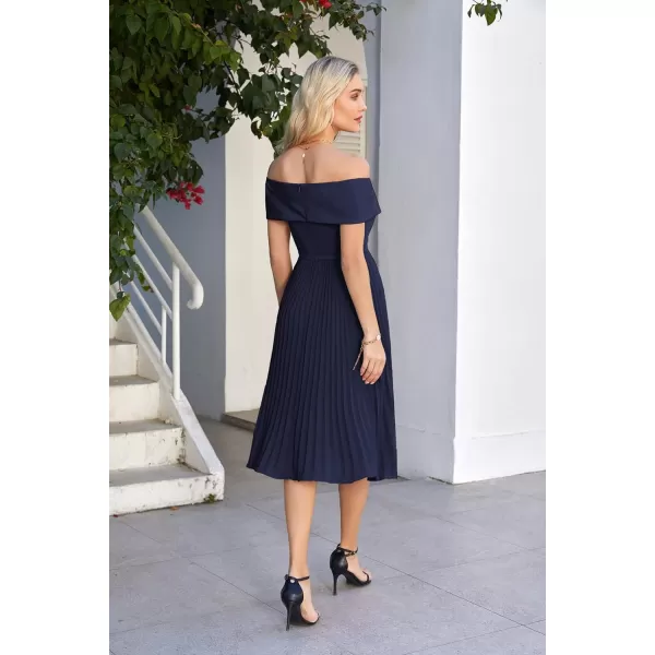 GRACE KARIN 2023 Off Shoulder Wedding Guest Dresses Pleated ALine Cocktail Dresses for Women Evening PartyNavy Blue