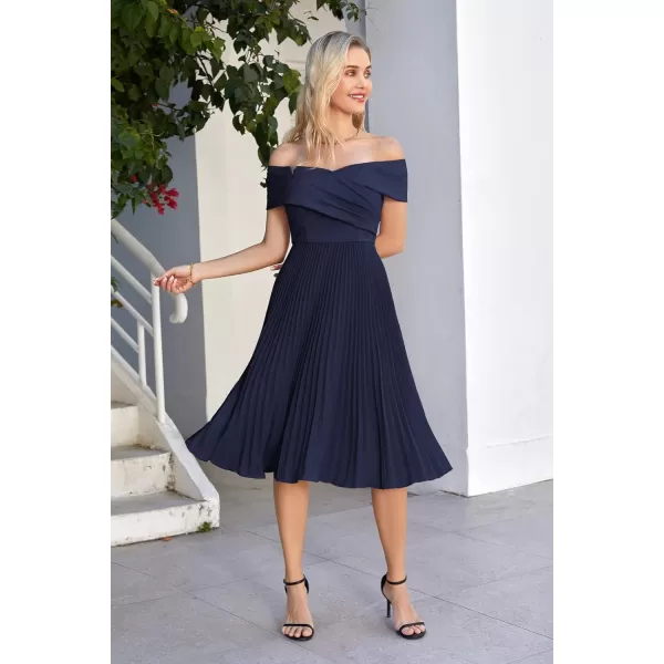 GRACE KARIN 2023 Off Shoulder Wedding Guest Dresses Pleated ALine Cocktail Dresses for Women Evening PartyNavy Blue