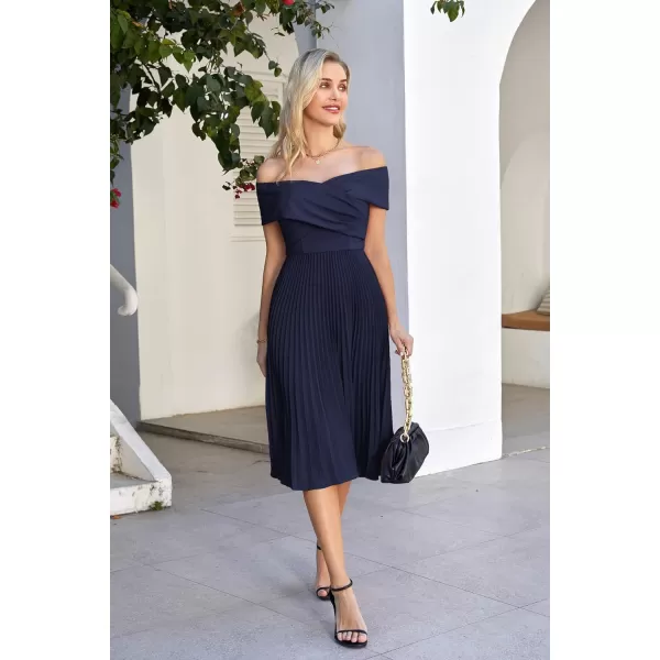 GRACE KARIN 2023 Off Shoulder Wedding Guest Dresses Pleated ALine Cocktail Dresses for Women Evening PartyNavy Blue