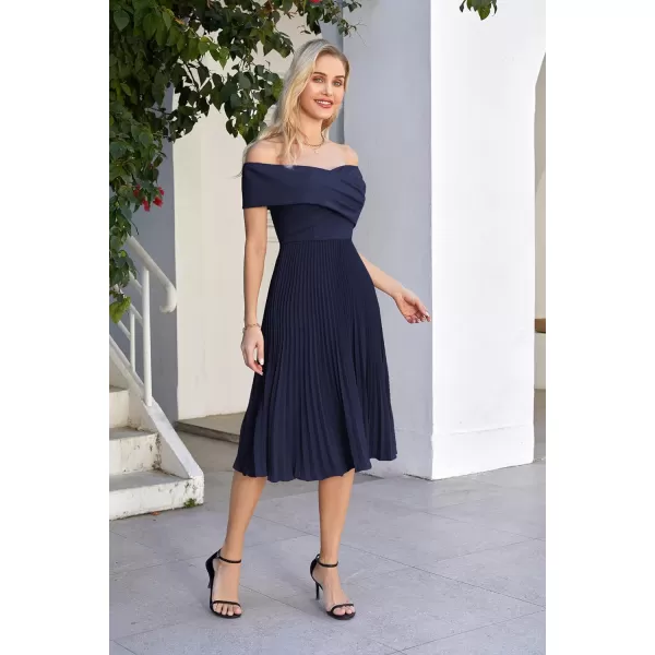 GRACE KARIN 2023 Off Shoulder Wedding Guest Dresses Pleated ALine Cocktail Dresses for Women Evening PartyNavy Blue