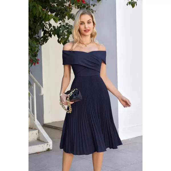 GRACE KARIN 2023 Off Shoulder Wedding Guest Dresses Pleated ALine Cocktail Dresses for Women Evening PartyNavy Blue