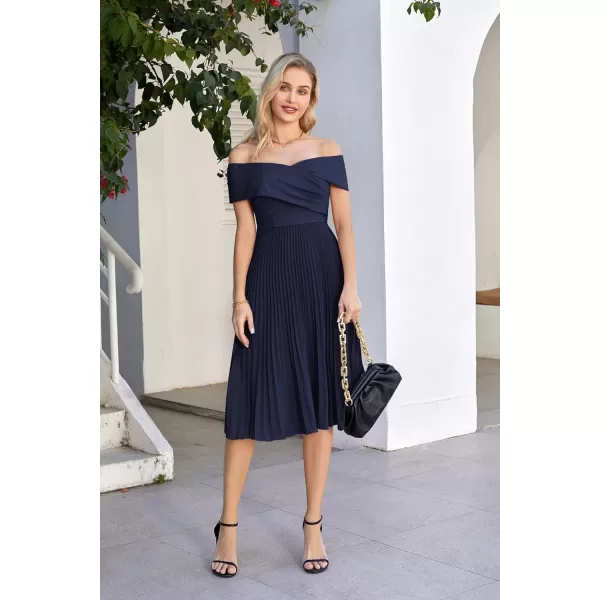 GRACE KARIN 2023 Off Shoulder Wedding Guest Dresses Pleated ALine Cocktail Dresses for Women Evening PartyNavy Blue