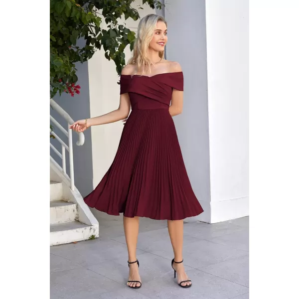 GRACE KARIN 2023 Off Shoulder Wedding Guest Dresses Pleated ALine Cocktail Dresses for Women Evening PartyWine Red