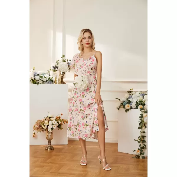 GRACE KARIN 2023 Spring Satin Floral Dress for Women Wedding Guest Wrap V Neck Asymmetric Sleeve A Line Midi DressPink