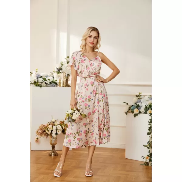 GRACE KARIN 2023 Spring Satin Floral Dress for Women Wedding Guest Wrap V Neck Asymmetric Sleeve A Line Midi DressPink