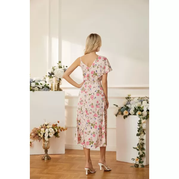 GRACE KARIN 2023 Spring Satin Floral Dress for Women Wedding Guest Wrap V Neck Asymmetric Sleeve A Line Midi DressPink