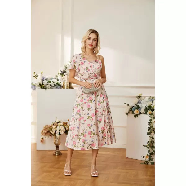 GRACE KARIN 2023 Spring Satin Floral Dress for Women Wedding Guest Wrap V Neck Asymmetric Sleeve A Line Midi DressPink