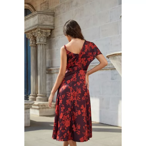 GRACE KARIN 2023 Spring Satin Floral Dress for Women Wedding Guest Wrap V Neck Asymmetric Sleeve A Line Midi DressWine Red