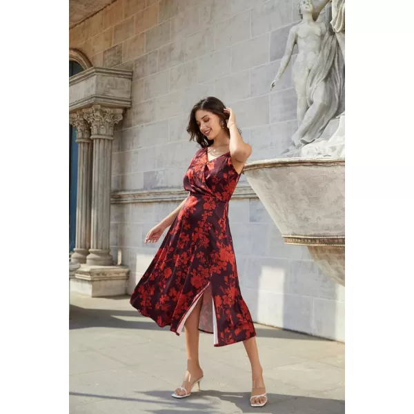 GRACE KARIN 2023 Spring Satin Floral Dress for Women Wedding Guest Wrap V Neck Asymmetric Sleeve A Line Midi DressWine Red