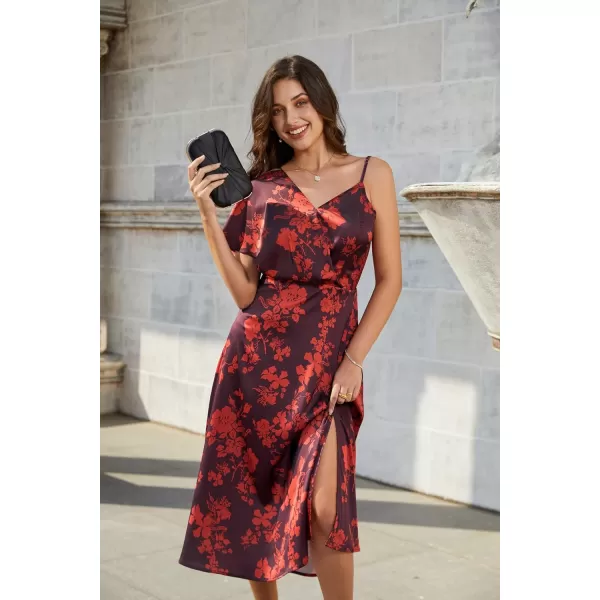 GRACE KARIN 2023 Spring Satin Floral Dress for Women Wedding Guest Wrap V Neck Asymmetric Sleeve A Line Midi DressWine Red