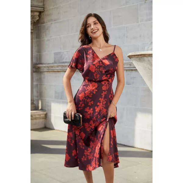 GRACE KARIN 2023 Spring Satin Floral Dress for Women Wedding Guest Wrap V Neck Asymmetric Sleeve A Line Midi DressWine Red