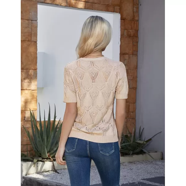 GRACE KARIN 2023 Summer Womens Short Sleeve Crochet Cardigan Shrug V Neck Bolero Sweater TopsBeige