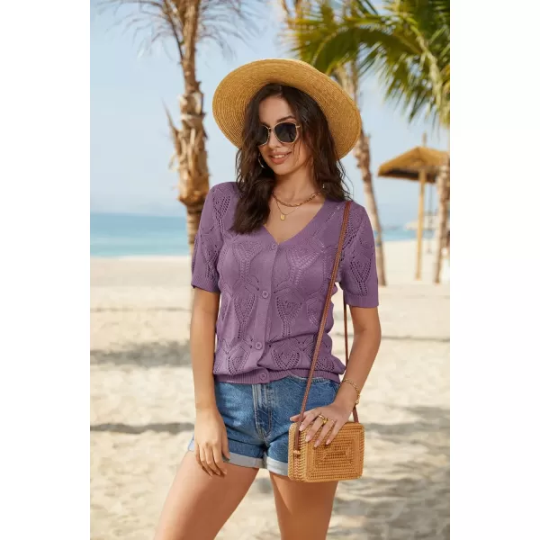 GRACE KARIN 2023 Summer Womens Short Sleeve Crochet Cardigan Shrug V Neck Bolero Sweater TopsPurple