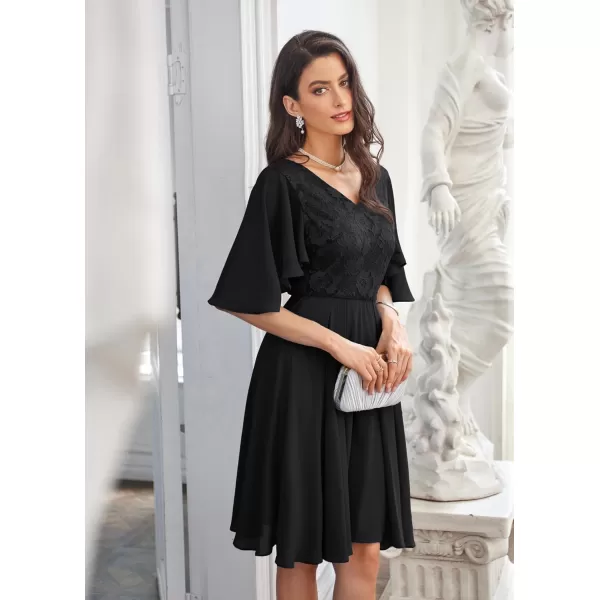 GRACE KARIN 2023 V Neck Pleated Dress Short Sleeve Chiffon Mini Dress Swing A Line Wedding Guest Short DressBlack