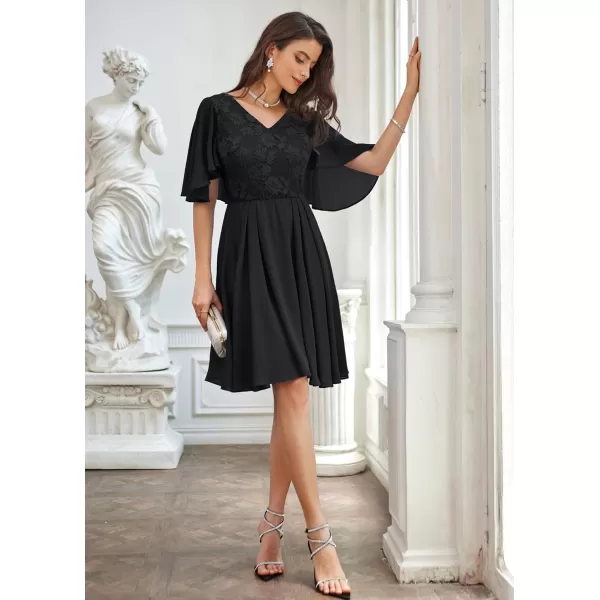 GRACE KARIN 2023 V Neck Pleated Dress Short Sleeve Chiffon Mini Dress Swing A Line Wedding Guest Short DressBlack