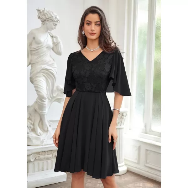 GRACE KARIN 2023 V Neck Pleated Dress Short Sleeve Chiffon Mini Dress Swing A Line Wedding Guest Short DressBlack