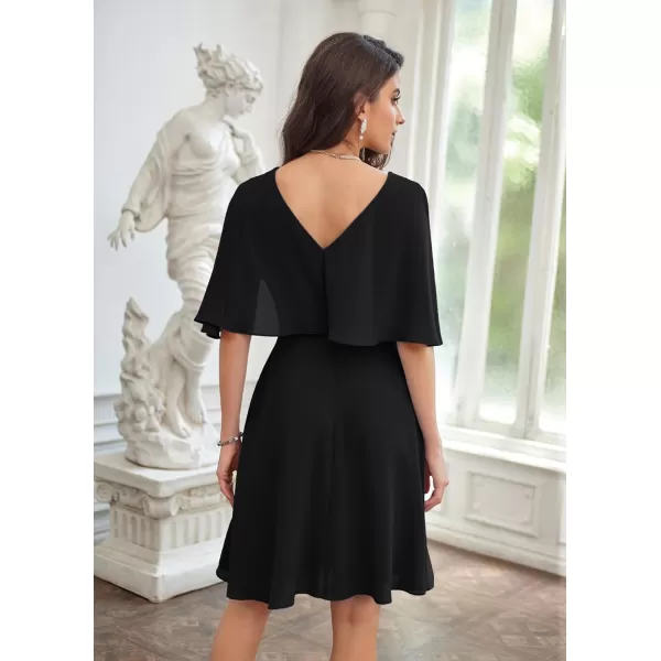 GRACE KARIN 2023 V Neck Pleated Dress Short Sleeve Chiffon Mini Dress Swing A Line Wedding Guest Short DressBlack