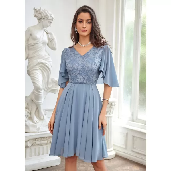 GRACE KARIN 2023 V Neck Pleated Dress Short Sleeve Chiffon Mini Dress Swing A Line Wedding Guest Short DressGrey Blue