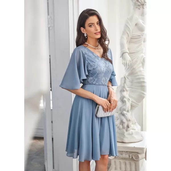 GRACE KARIN 2023 V Neck Pleated Dress Short Sleeve Chiffon Mini Dress Swing A Line Wedding Guest Short DressGrey Blue