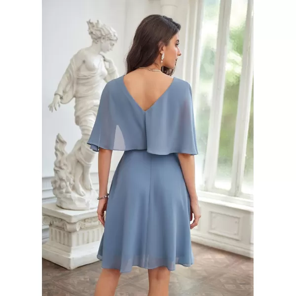 GRACE KARIN 2023 V Neck Pleated Dress Short Sleeve Chiffon Mini Dress Swing A Line Wedding Guest Short DressGrey Blue