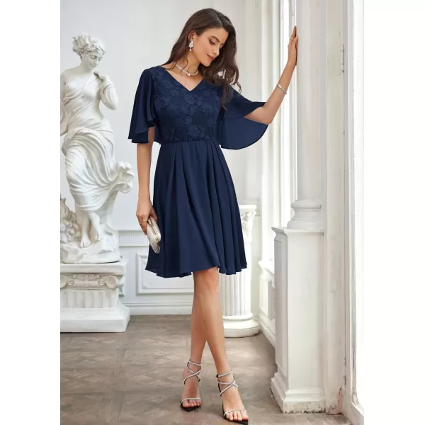 GRACE KARIN 2023 V Neck Pleated Dress Short Sleeve Chiffon Mini Dress Swing A Line Wedding Guest Short DressNavy