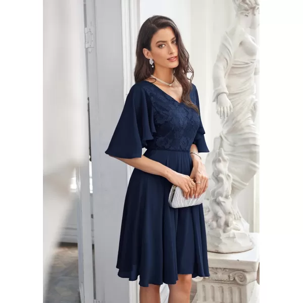 GRACE KARIN 2023 V Neck Pleated Dress Short Sleeve Chiffon Mini Dress Swing A Line Wedding Guest Short DressNavy