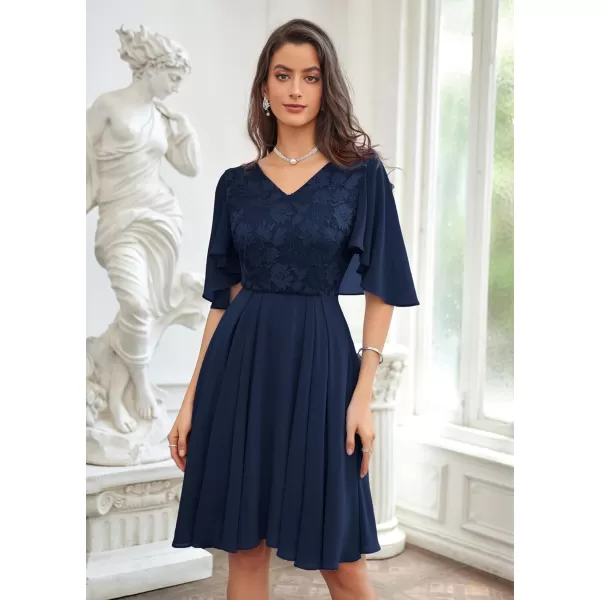 GRACE KARIN 2023 V Neck Pleated Dress Short Sleeve Chiffon Mini Dress Swing A Line Wedding Guest Short DressNavy