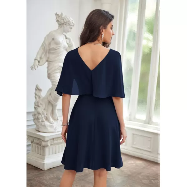 GRACE KARIN 2023 V Neck Pleated Dress Short Sleeve Chiffon Mini Dress Swing A Line Wedding Guest Short DressNavy